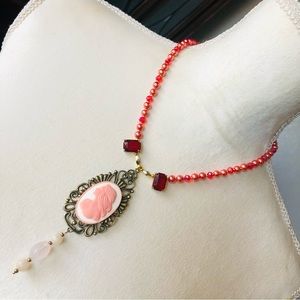 Handcrafted repurpose pink lady cameo quartz pendant Czech glass Pearl necklace
